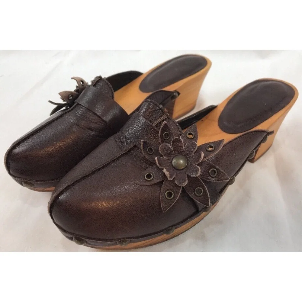 Zara Wood Sole Slide Mules 5.5-6 36 Sandals Brown Leather Shoes Flower Toe Spain - Picture 2 of 11